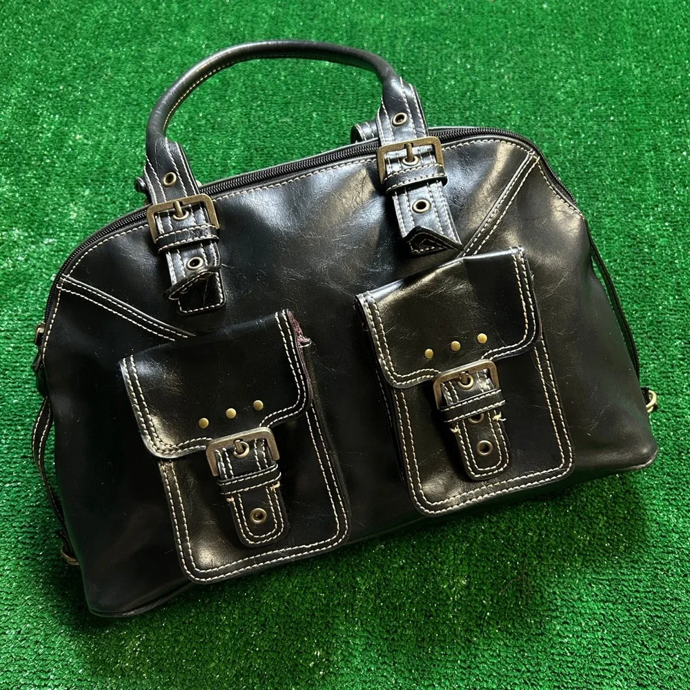 Y2K Gothic Aesthetic Black Medium Sim Leather Satchel Bag Purse